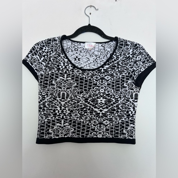 PARKER Nina Knit Jacquard Stretch Bandage Crop Top Black White Print small - Picture 2 of 5